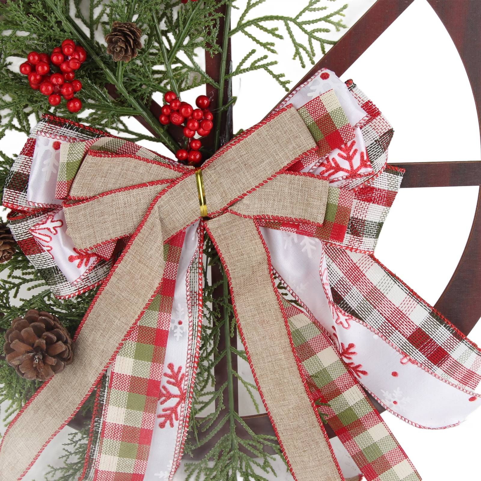 Red Truck Wheel Christmas Bowknot Wreath Fall Wreath for Front Door Wooden view 11