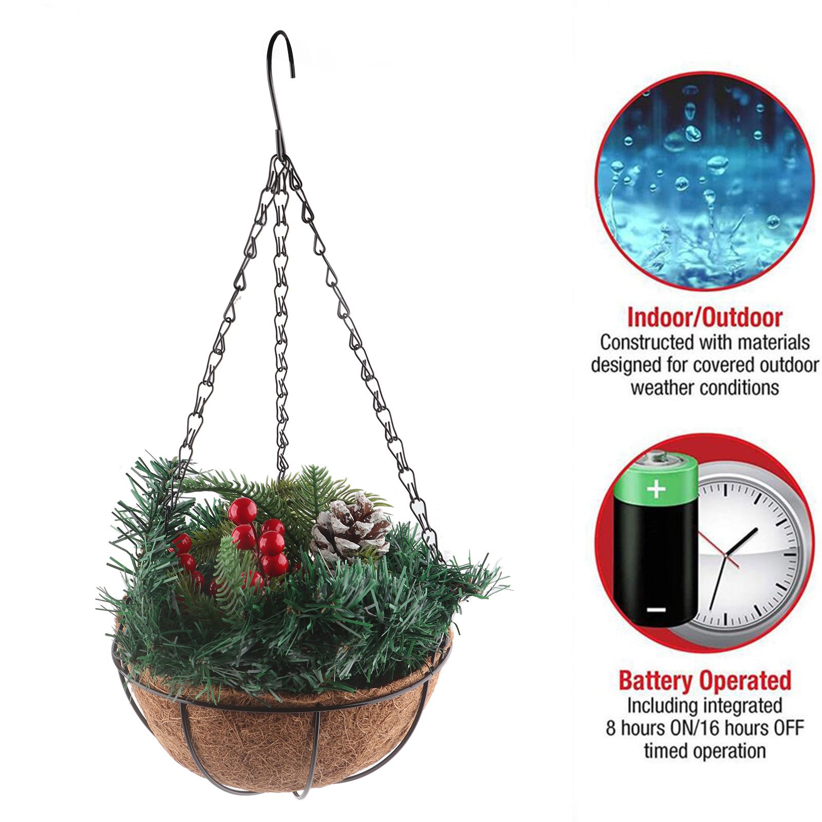 Artificial Christmas Hanging Basket Flocked with Mixed Decorations and White view 9