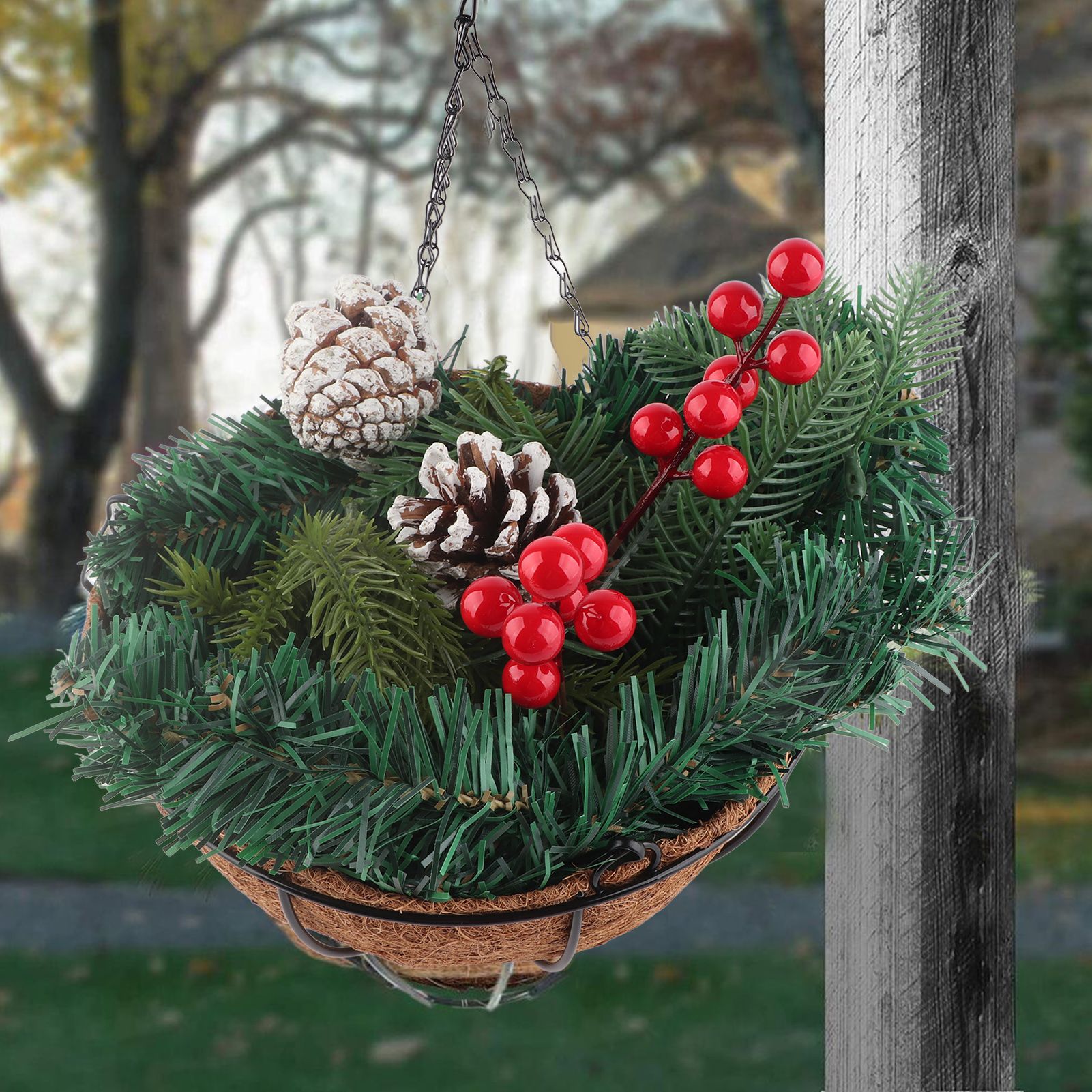 Artificial Christmas Hanging Basket Flocked with Mixed Decorations and White view 10