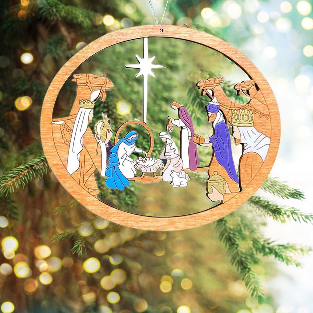 Color Hollowed Nativity Scene Pendant Christmas Tree Wooden Hanging Ornament view 2