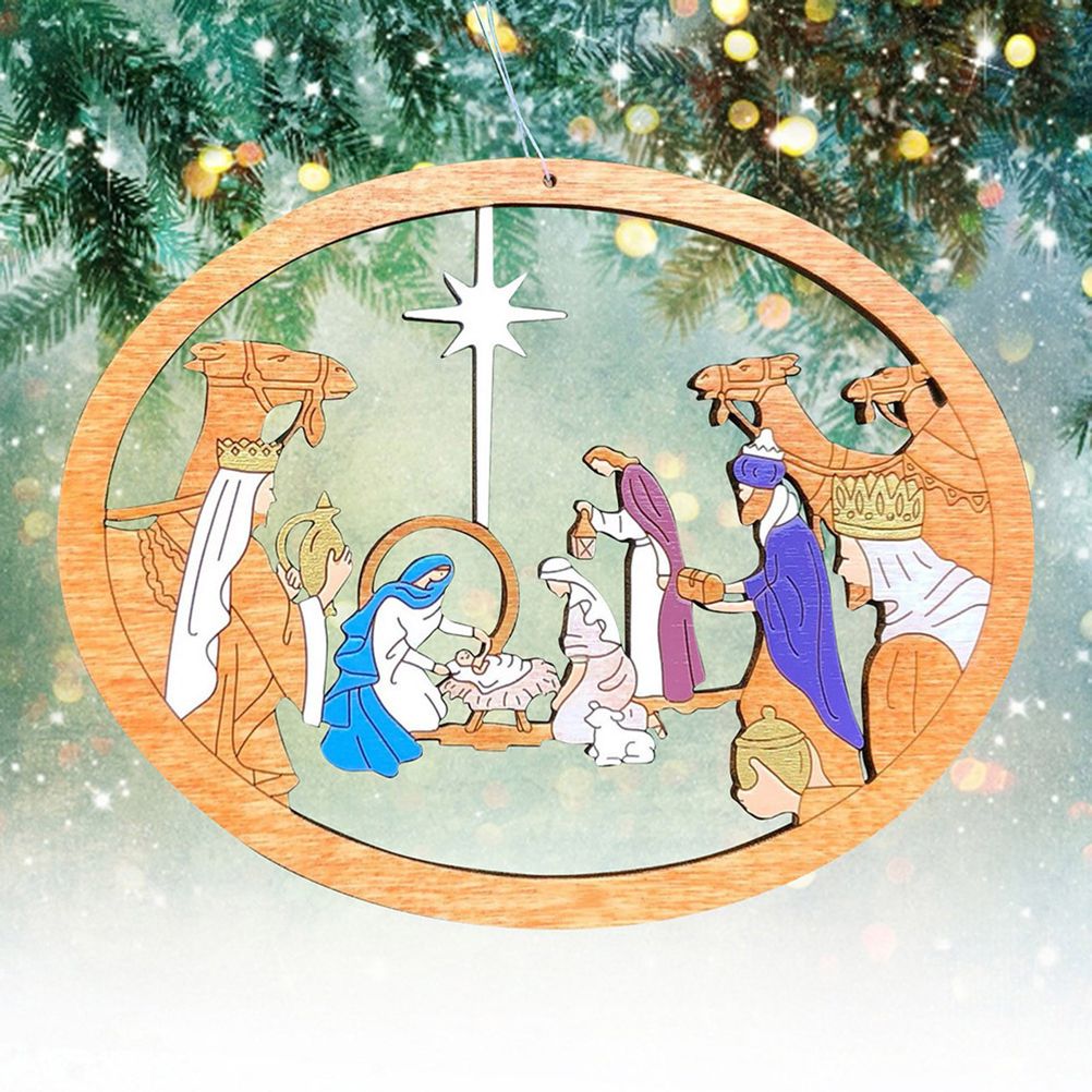Color Hollowed Nativity Scene Pendant Christmas Tree Wooden Hanging Ornament view 6