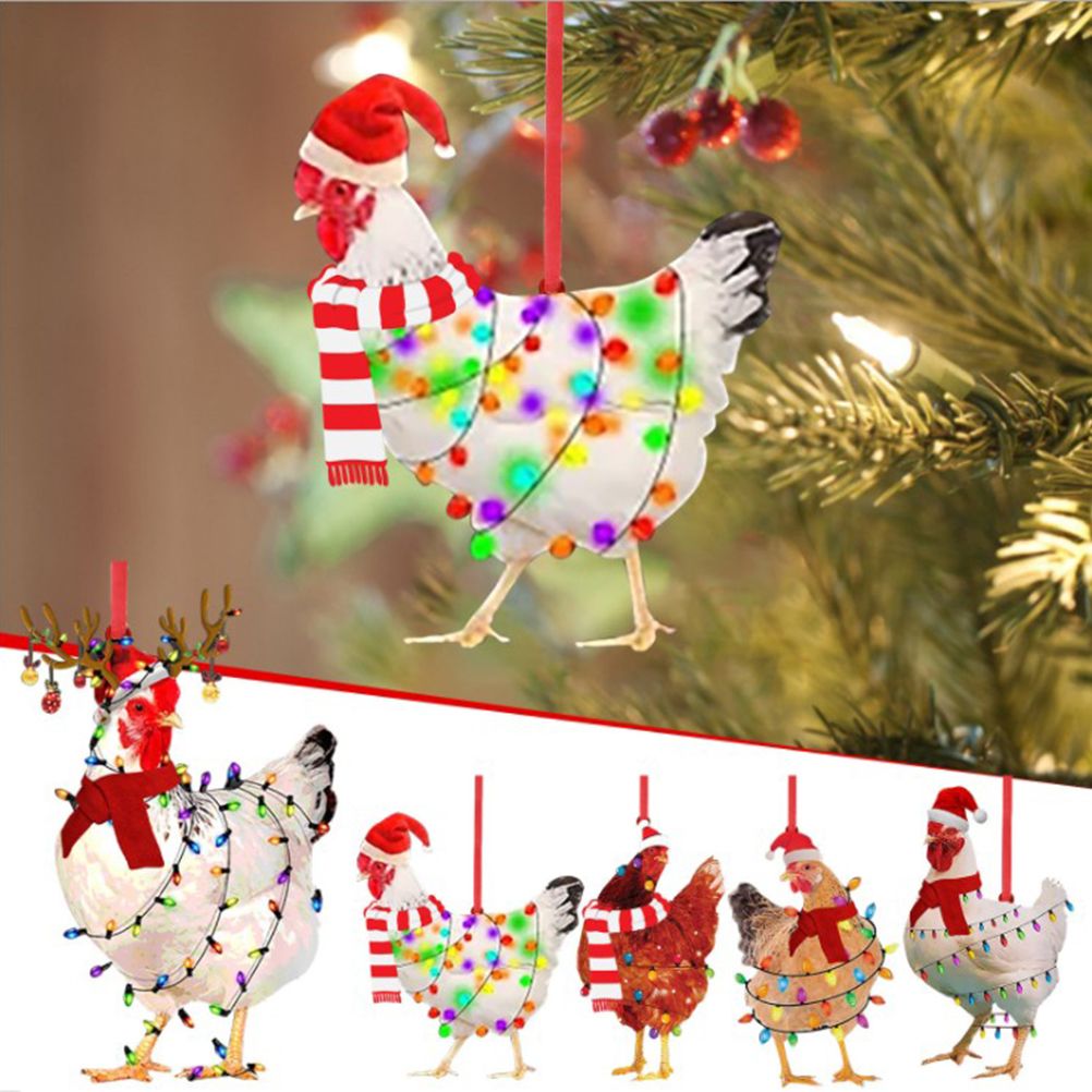 Christmas Scarf Chicken Pendant Cute Xmas Tree Hanging Wooden Chicken Rooster view 2