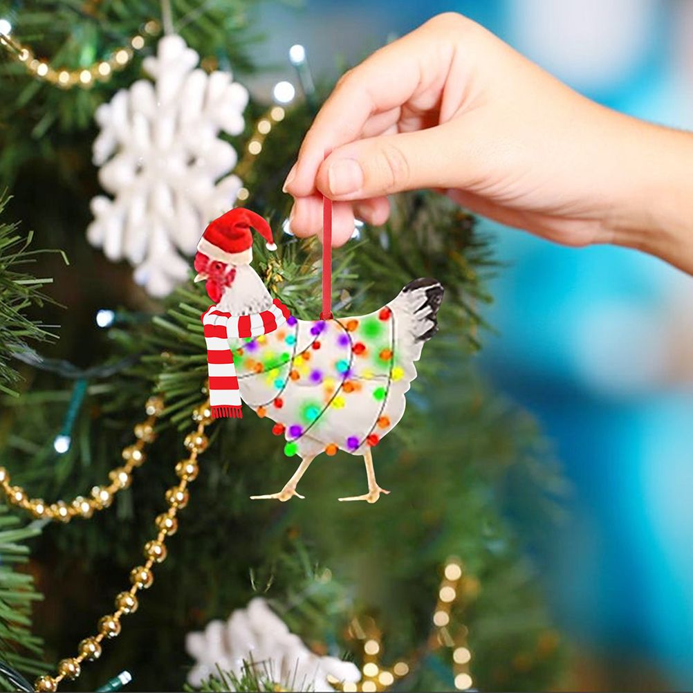 Christmas Scarf Chicken Pendant Cute Xmas Tree Hanging Wooden Chicken Rooster view 7