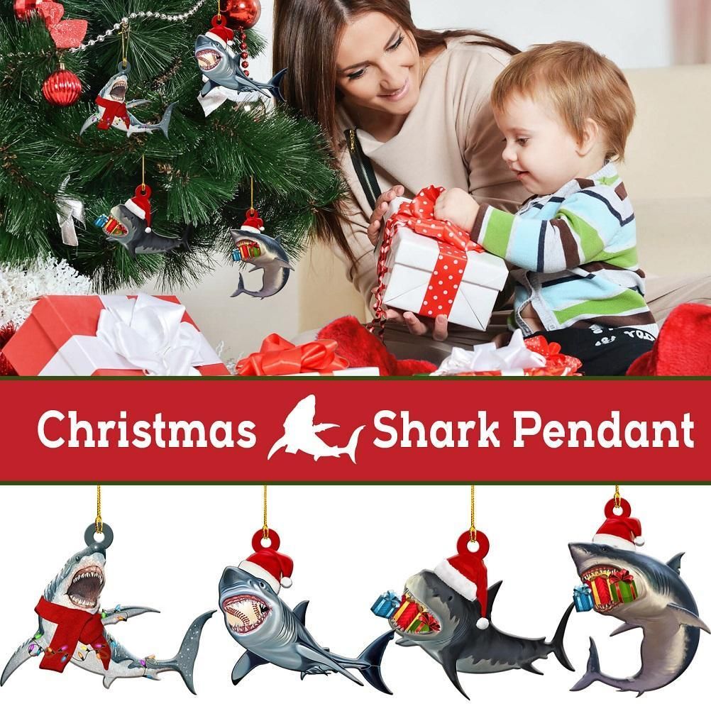 4Pcs Merry Christmas Wooden Pendant Christmas Tree Shark Pendant for Christmas view 2