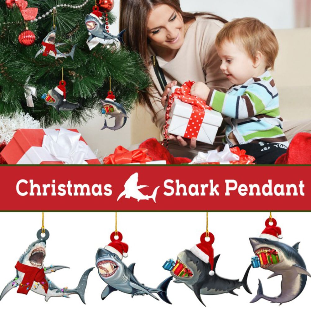 Christmas Decorations Wooden Shark Family Pendant Cute Fun Christmas Tree view 2