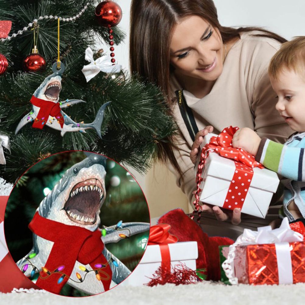 Christmas Decorations Wooden Shark Family Pendant Cute Fun Christmas Tree view 5