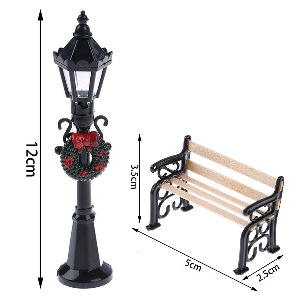2Pcs Miniature Christmas Street Lamp Post Park Bench Seat Mini Street Light view 2