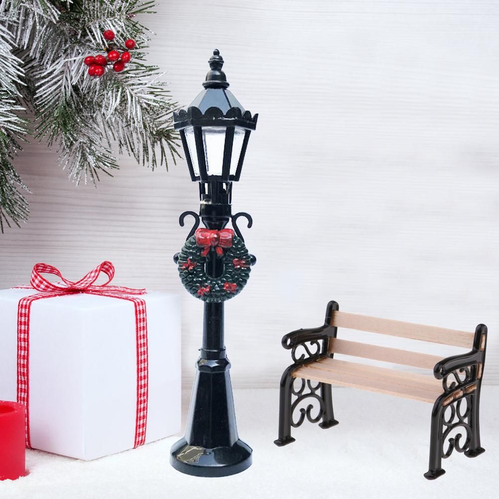 2Pcs Miniature Christmas Street Lamp Post Park Bench Seat Mini Street Light view 8