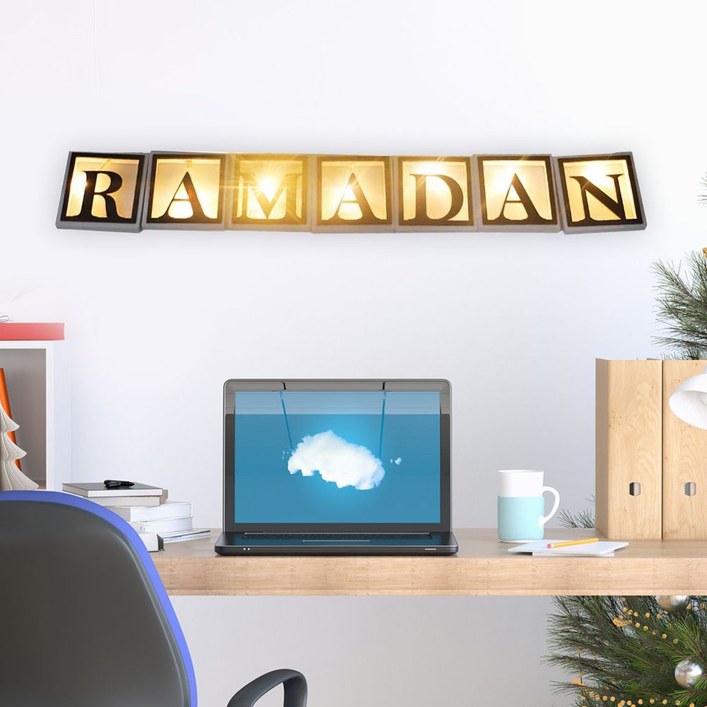 Ramadan LED String Light Decoration Wooden Hollow Letters Pendant for Ramadan view 5