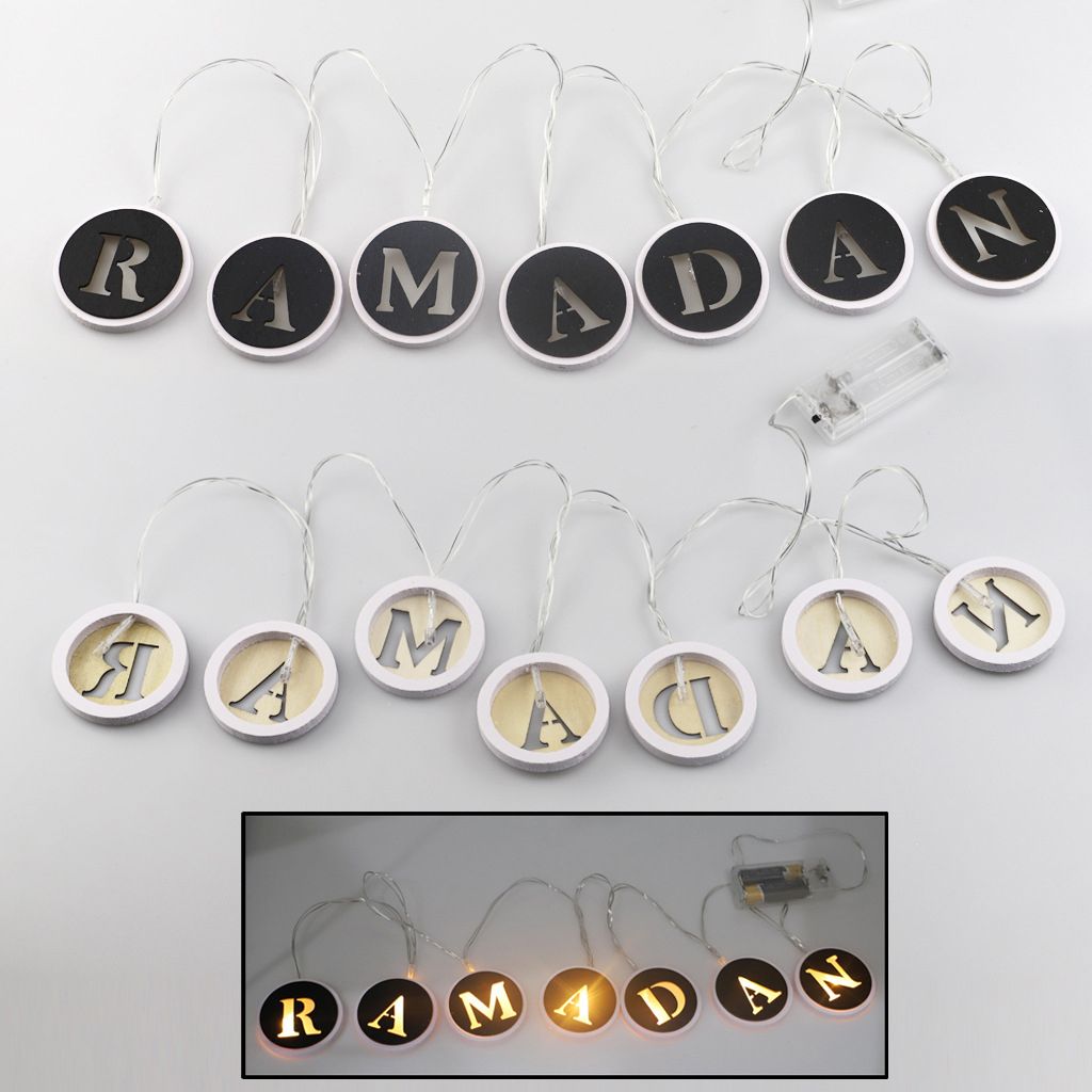 Ramadan LED String Light Decoration Wooden Hollow Letters Pendant for Ramadan view 7