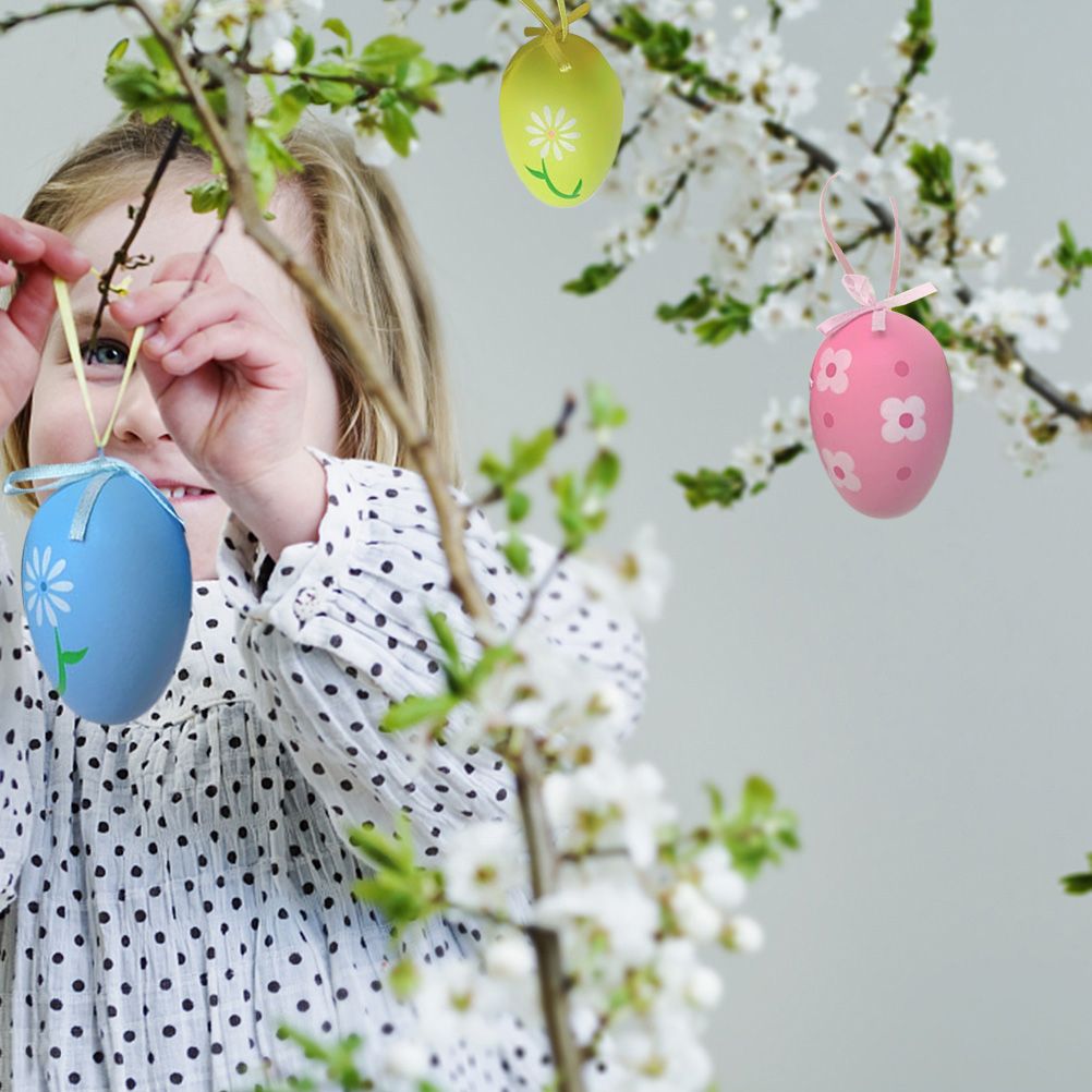 12 Pcs Easter Eggs for Hanging Plastic Colorful Easter Eggs with Silk Ribbon view 4