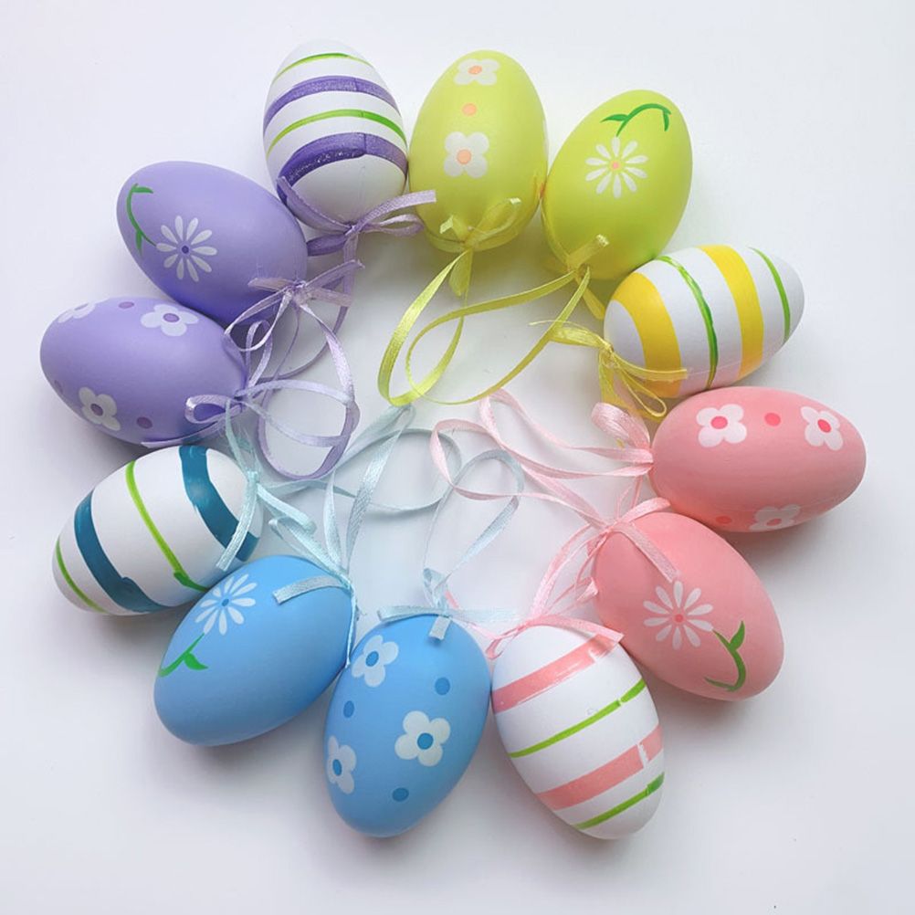 12 Pcs Easter Eggs for Hanging Plastic Colorful Easter Eggs with Silk Ribbon view 6