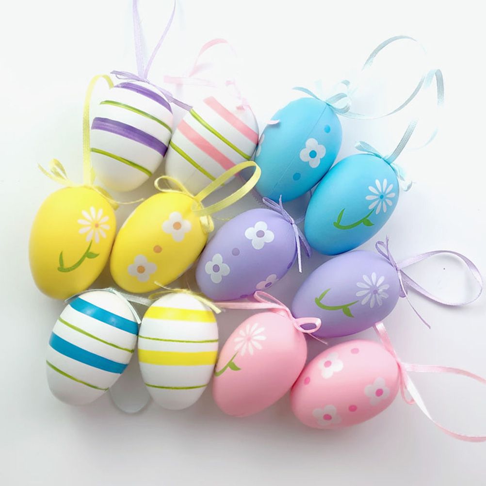 12 Pcs Easter Eggs for Hanging Plastic Colorful Easter Eggs with Silk Ribbon view 7