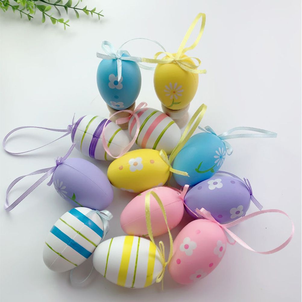 12 Pcs Easter Eggs for Hanging Plastic Colorful Easter Eggs with Silk Ribbon view 8