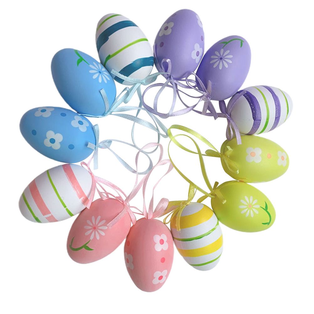 12 Pcs Easter Eggs for Hanging Plastic Colorful Easter Eggs with Silk Ribbon view 9