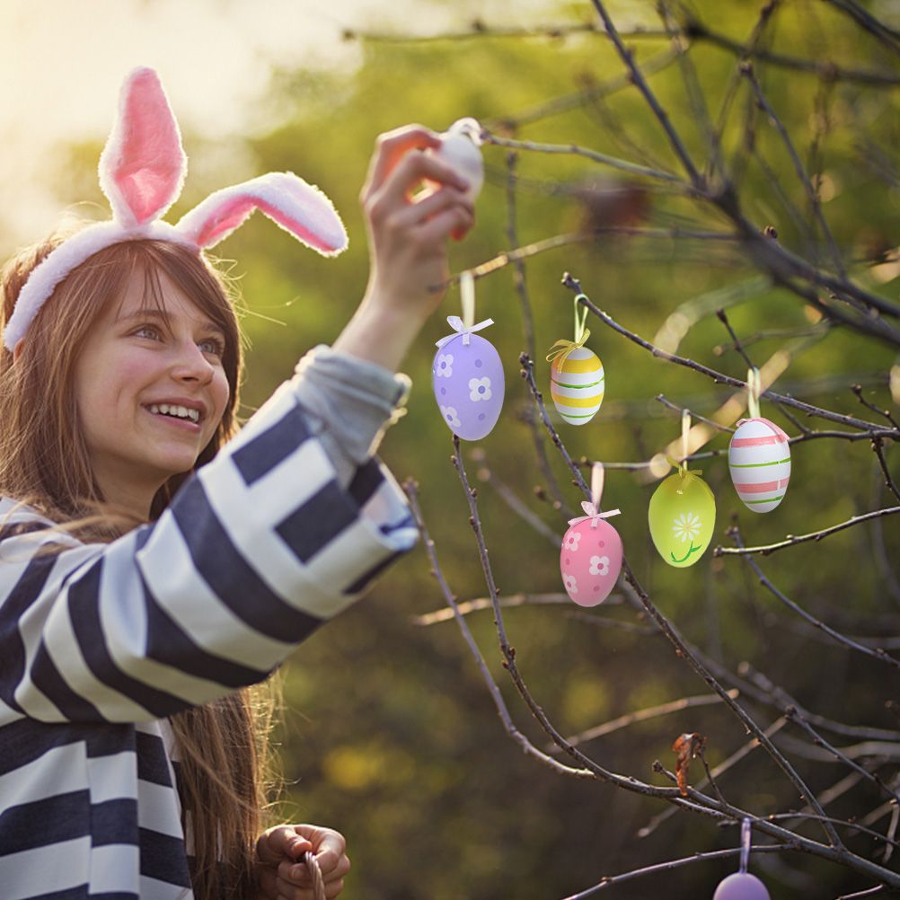 12 Pcs Easter Eggs for Hanging Plastic Colorful Easter Eggs with Silk Ribbon view 11
