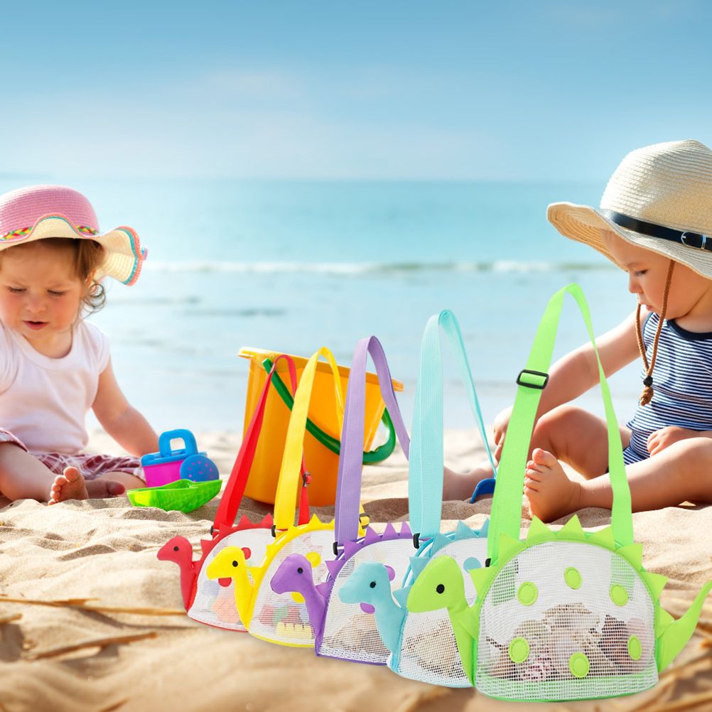 Dinosaur Mesh Beach Bag for Kids Shell Collecting Totes Portable Beach Holding view 9