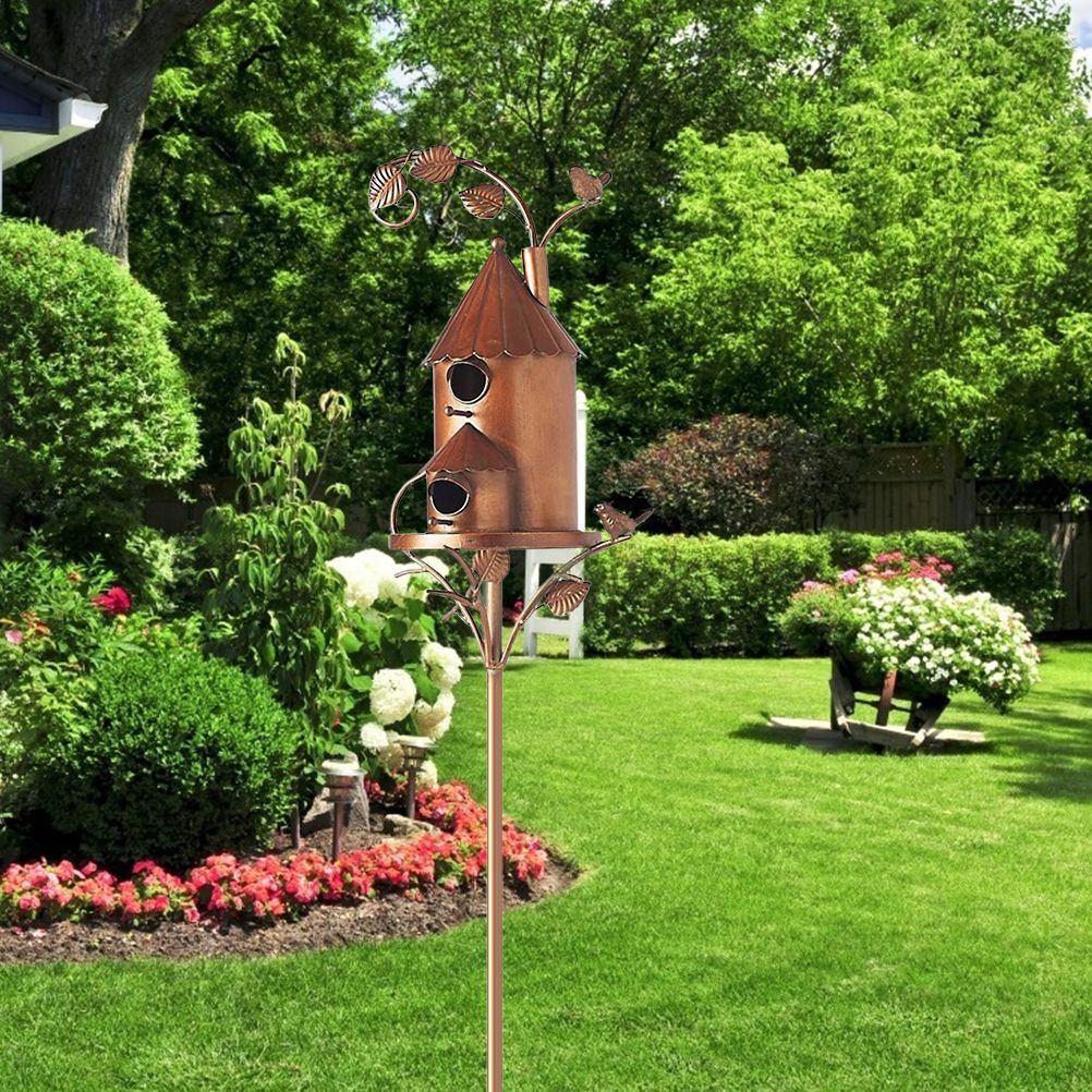 Metal Bird House with Pole Metal Art Cottage Bird House Stakes Hummingbird view 2