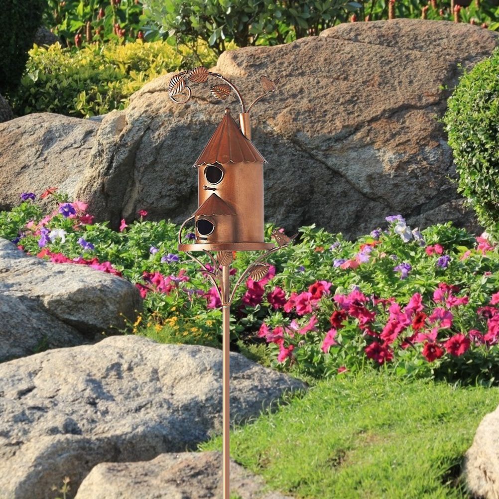 Metal Bird House with Pole Metal Art Cottage Bird House Stakes Hummingbird view 3