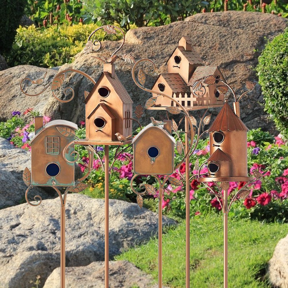 Metal Bird House with Pole Metal Art Cottage Bird House Stakes Hummingbird view 4