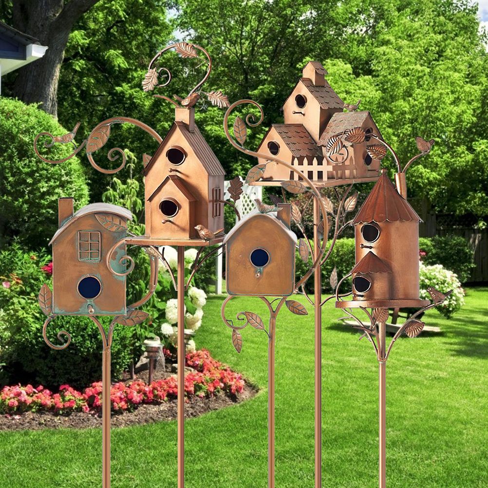 Metal Bird House with Pole Metal Art Cottage Bird House Stakes Hummingbird view 5
