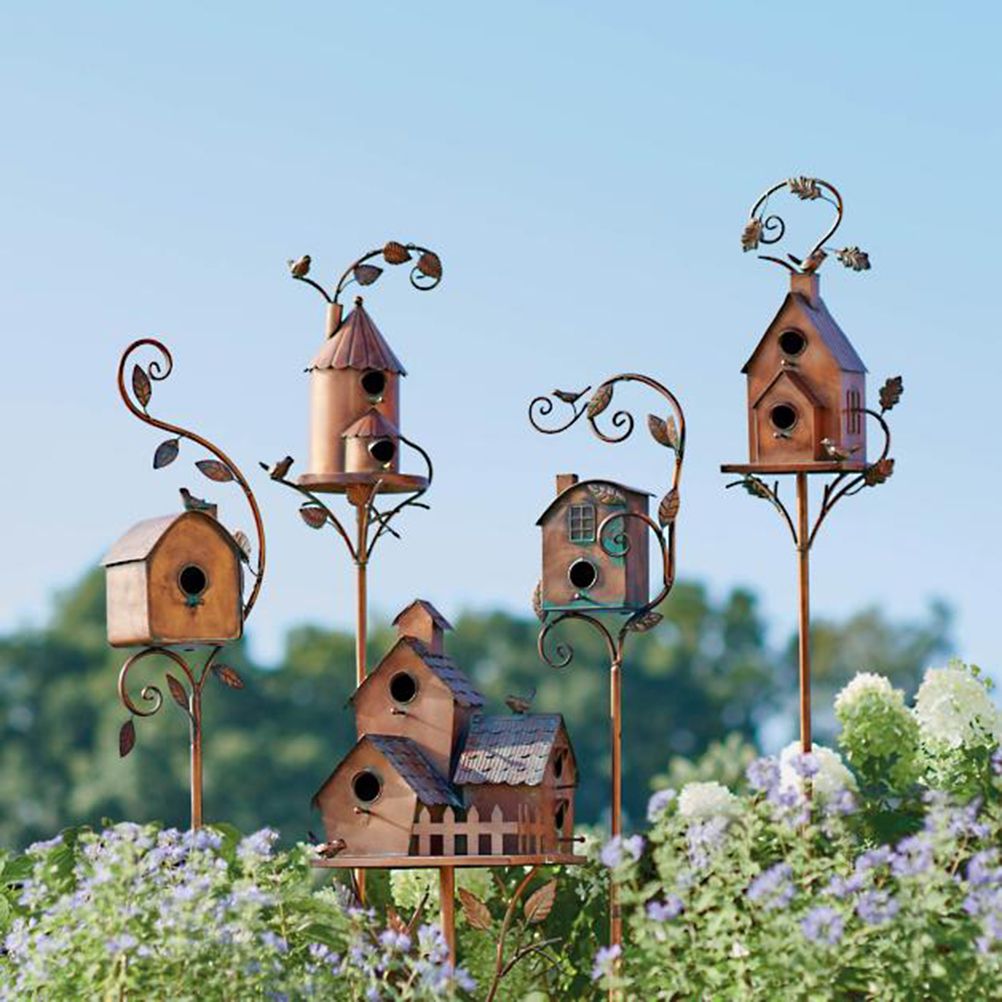 Metal Bird House with Pole Metal Art Cottage Bird House Stakes Hummingbird view 6