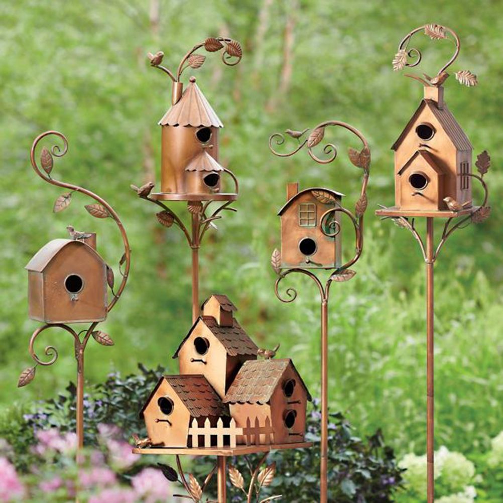 Metal Bird House with Pole Metal Art Cottage Bird House Stakes Hummingbird view 7