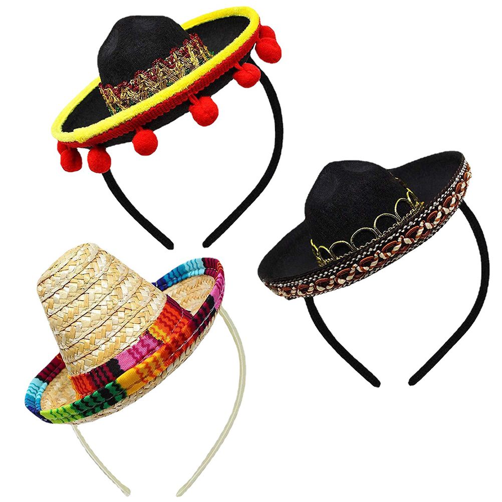 3 Pack Cinco De Mayo Fiesta Headbands Party Decorations Non Woven and Straw