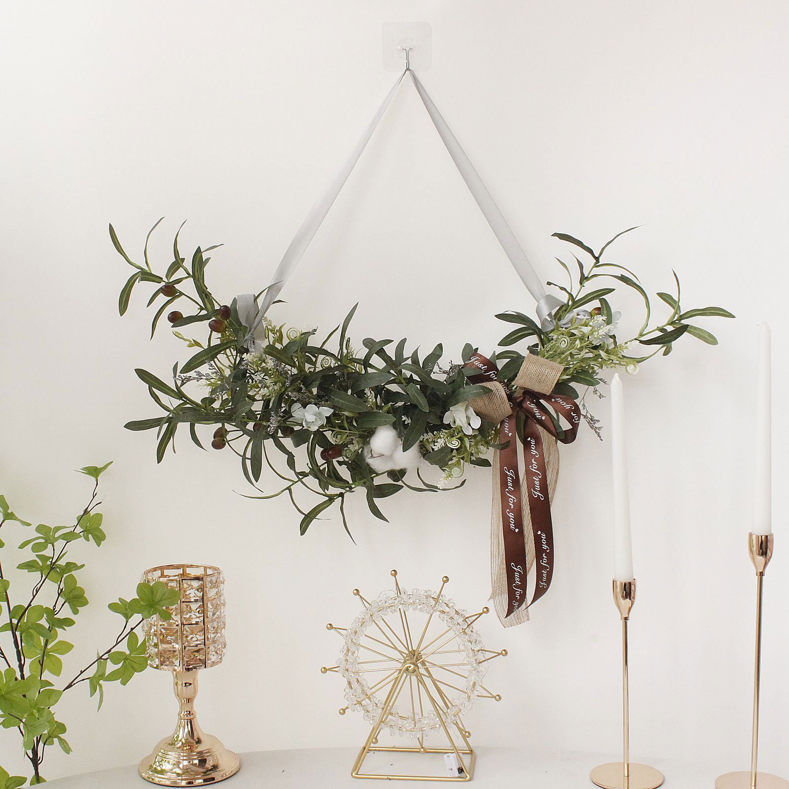 Simulation Silk Flowers Artificial Olive Branch Leaves Cotton Wreath Lintel view 2