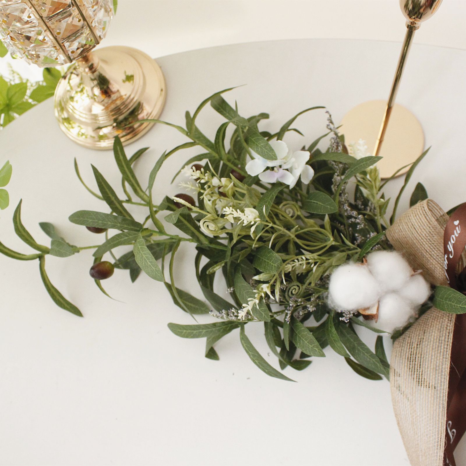 Simulation Silk Flowers Artificial Olive Branch Leaves Cotton Wreath Lintel view 8