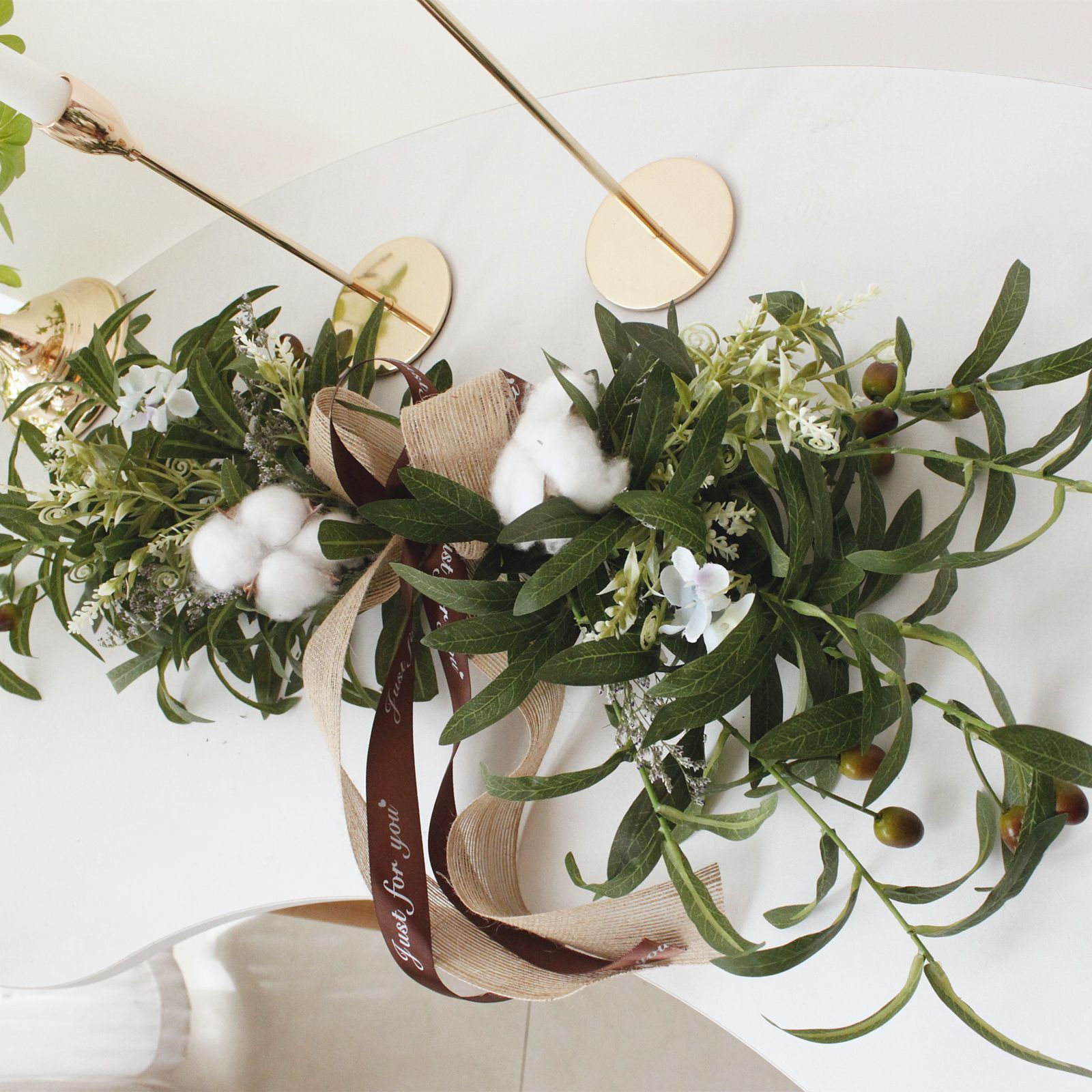 Simulation Silk Flowers Artificial Olive Branch Leaves Cotton Wreath Lintel view 9