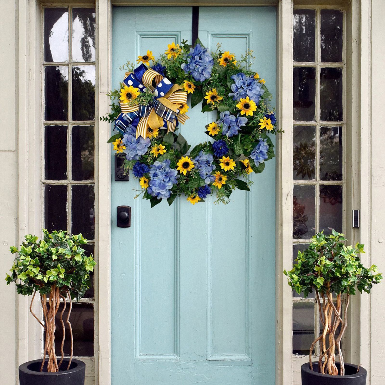 Blue and Yellow Wreaths Flower Garland Front Door view 4