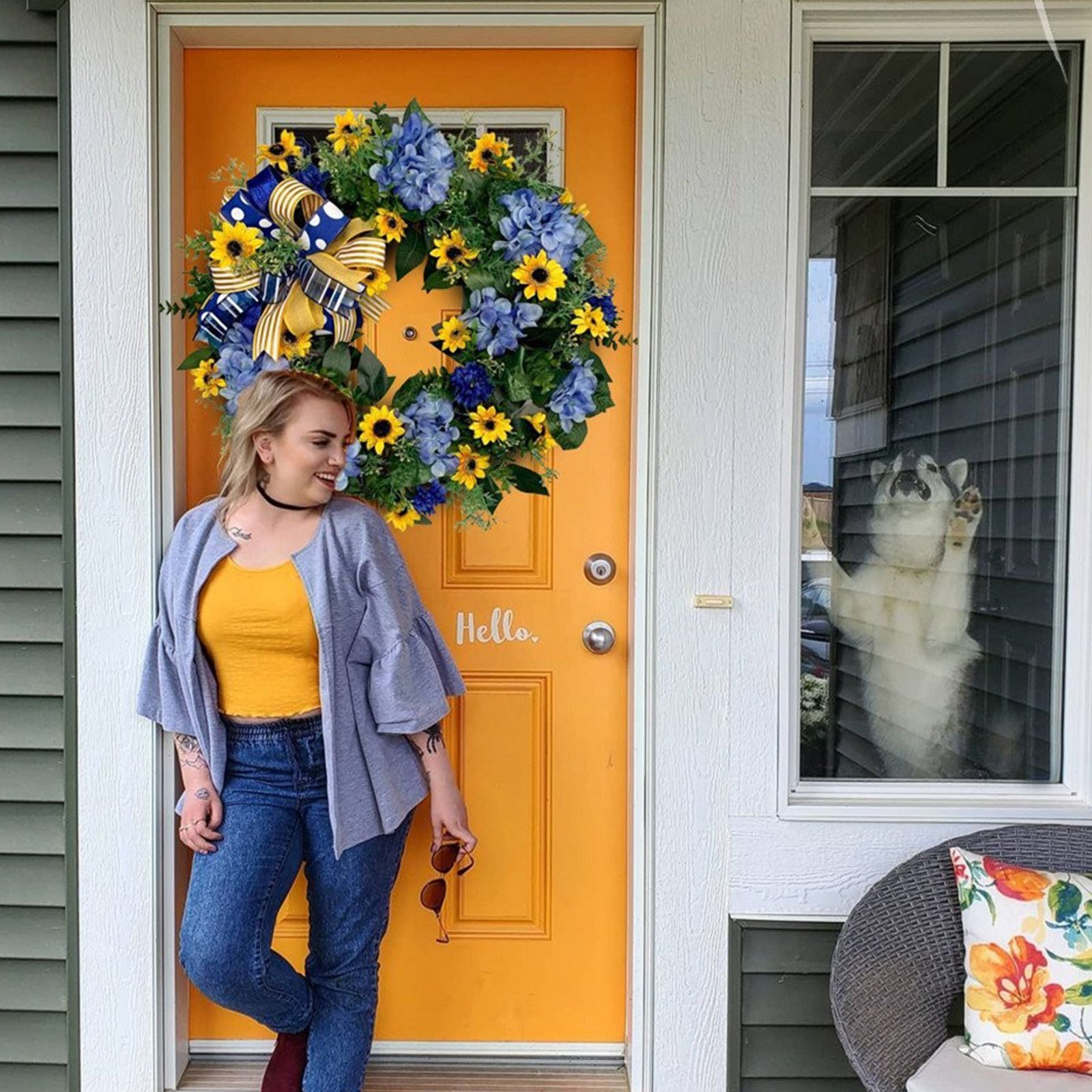 Blue and Yellow Wreaths Flower Garland Front Door view 10