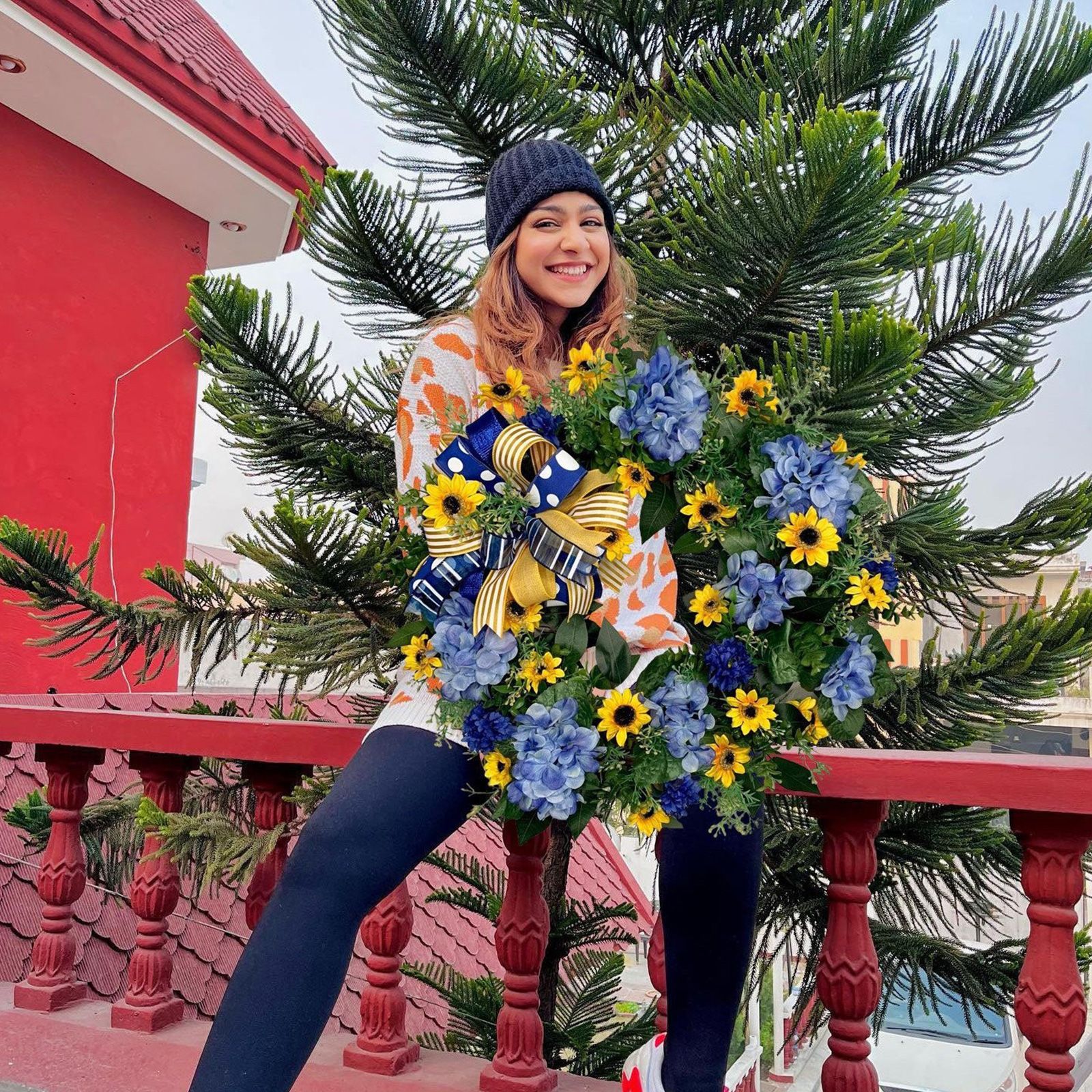 Blue and Yellow Wreaths Flower Garland Front Door view 12
