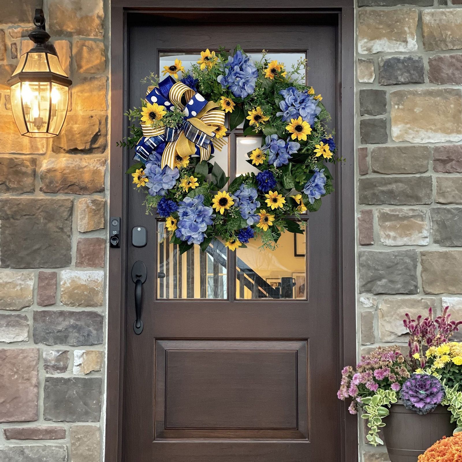 Blue and Yellow Wreaths Flower Garland Front Door view 13