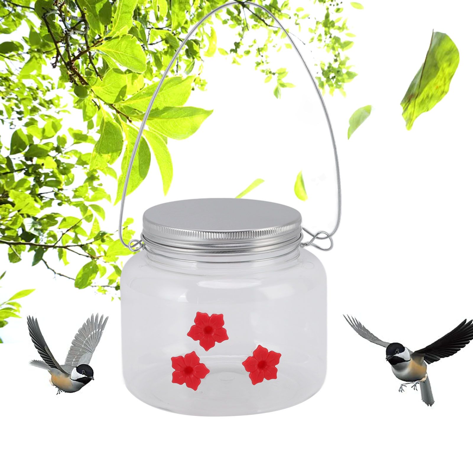 Hanging Bird Feeder 475ml Unique Red Flowers Design 3 Feeding Ports Wide view 11