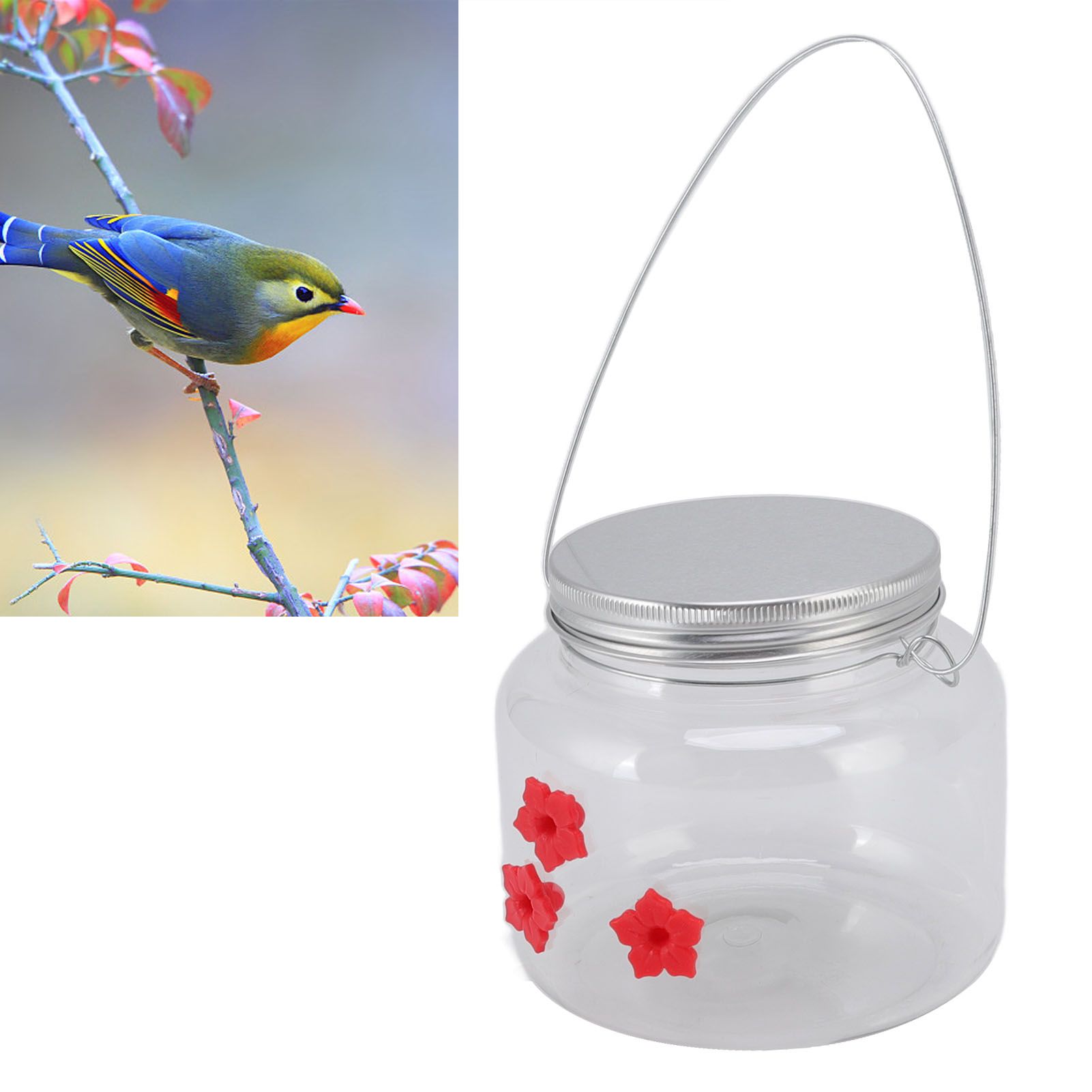 Hanging Bird Feeder 475ml Unique Red Flowers Design 3 Feeding Ports Wide view 12