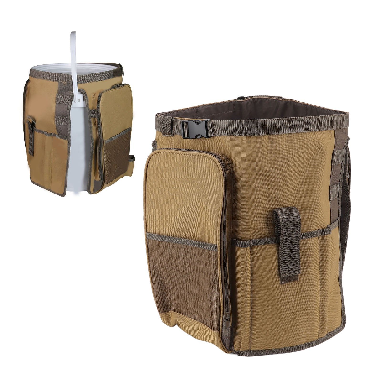 Bucket Organization Bag Round Shape Large Capacity Portable Handle Khaki view 11