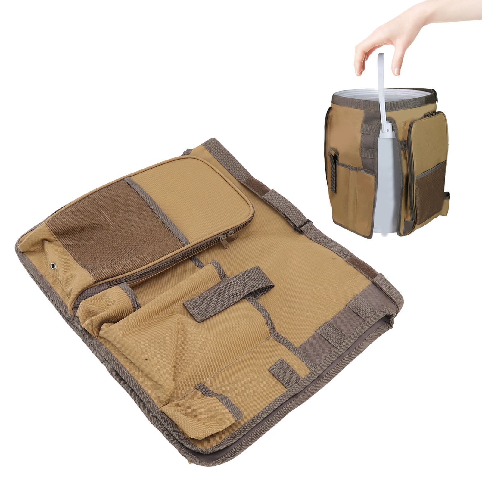 Bucket Organization Bag Round Shape Large Capacity Portable Handle Khaki view 12