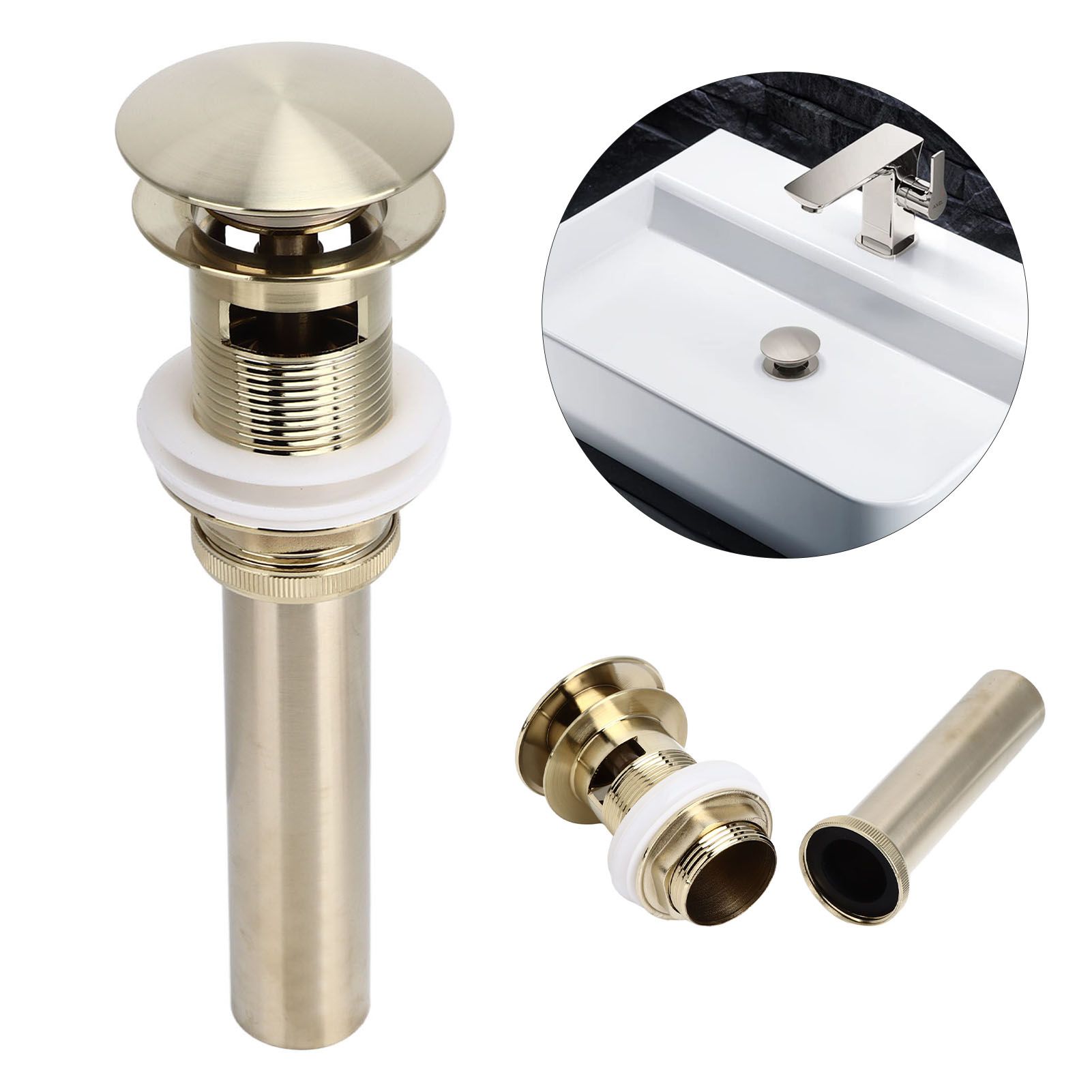 Pop Up Basin Drain Copper G1/4 Brushed Gold Corrosion Resistant Easy view 11