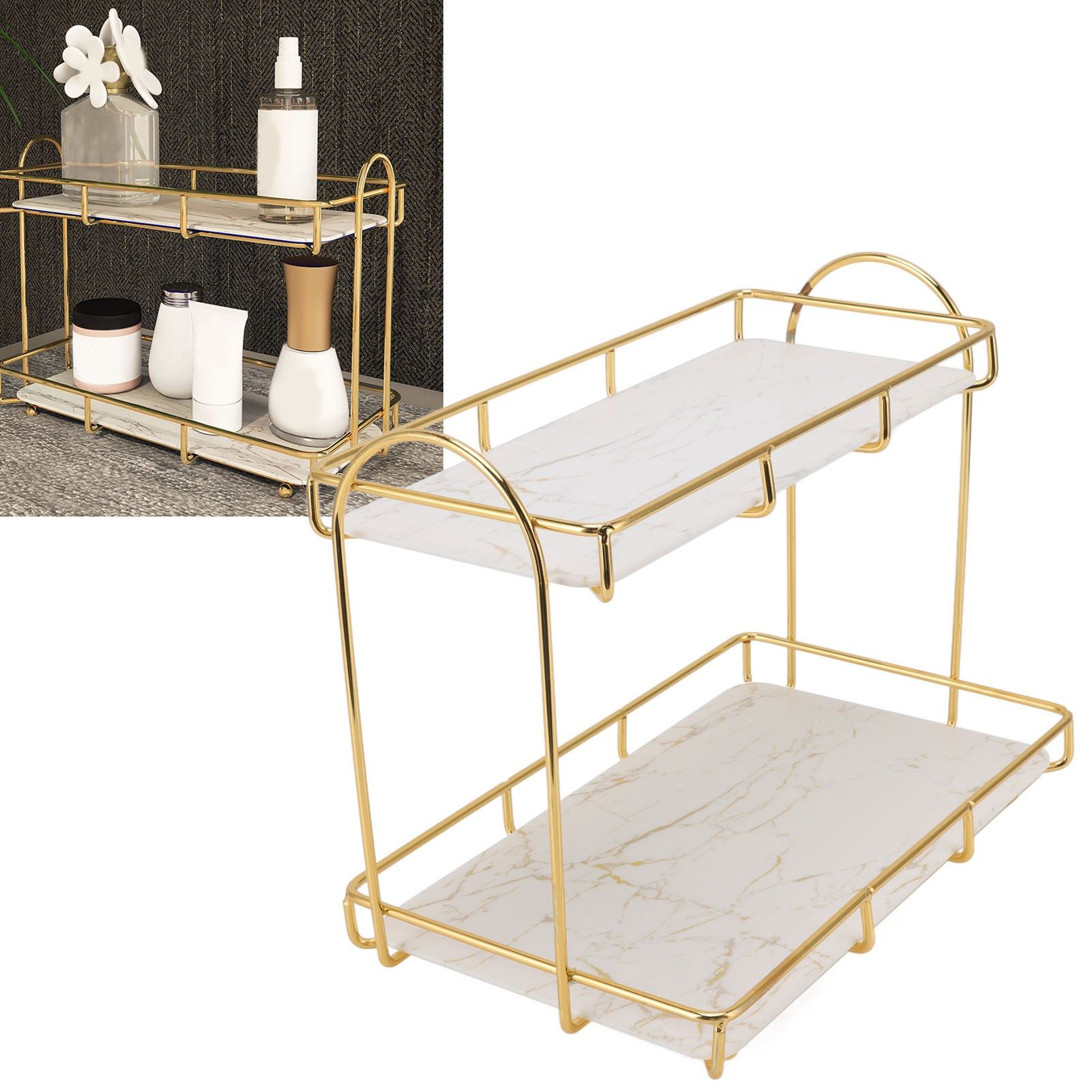 2 Tier Cosmetic Storage Shelf Large Capacity Waterproof Gold Metal Storage view 11