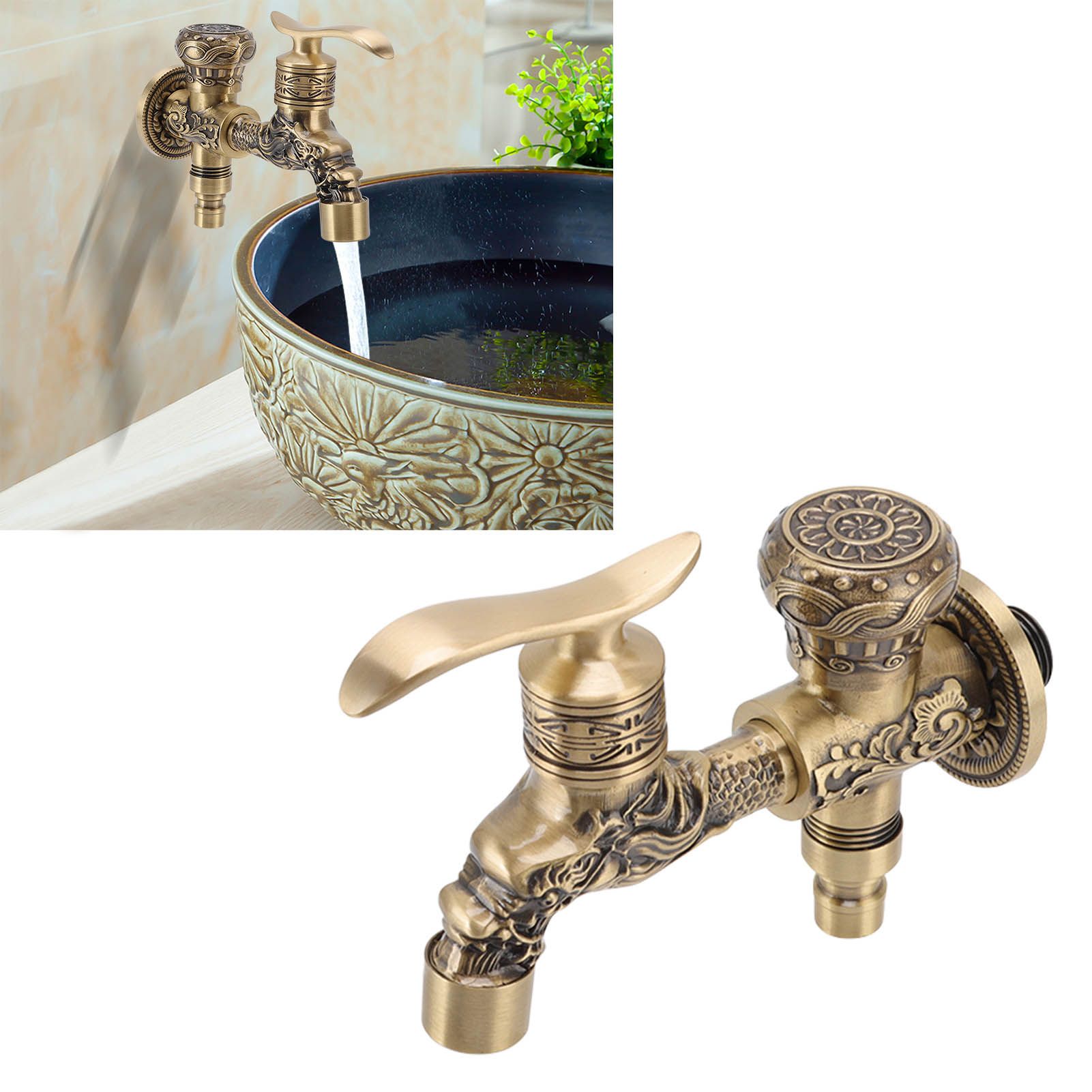 Water Tap 2 Handles 1 Hole Oil Rub Antique Dragon Carved Brass Faucet for view 11
