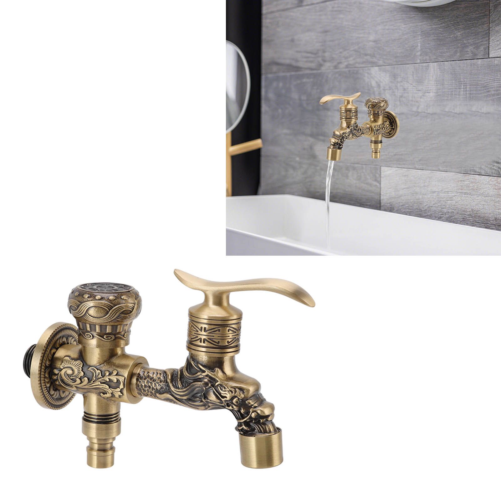 Water Tap 2 Handles 1 Hole Oil Rub Antique Dragon Carved Brass Faucet for view 12