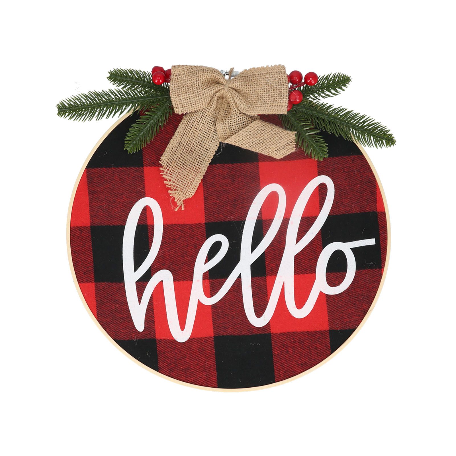 Hello Sign for Front Door Check Plaid Linen Round Front Door Wreaths for view 2