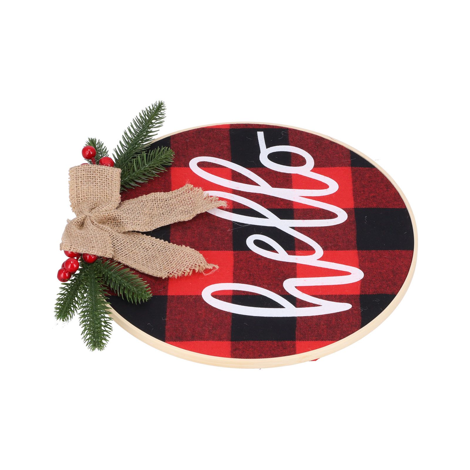 Hello Sign for Front Door Check Plaid Linen Round Front Door Wreaths for view 3