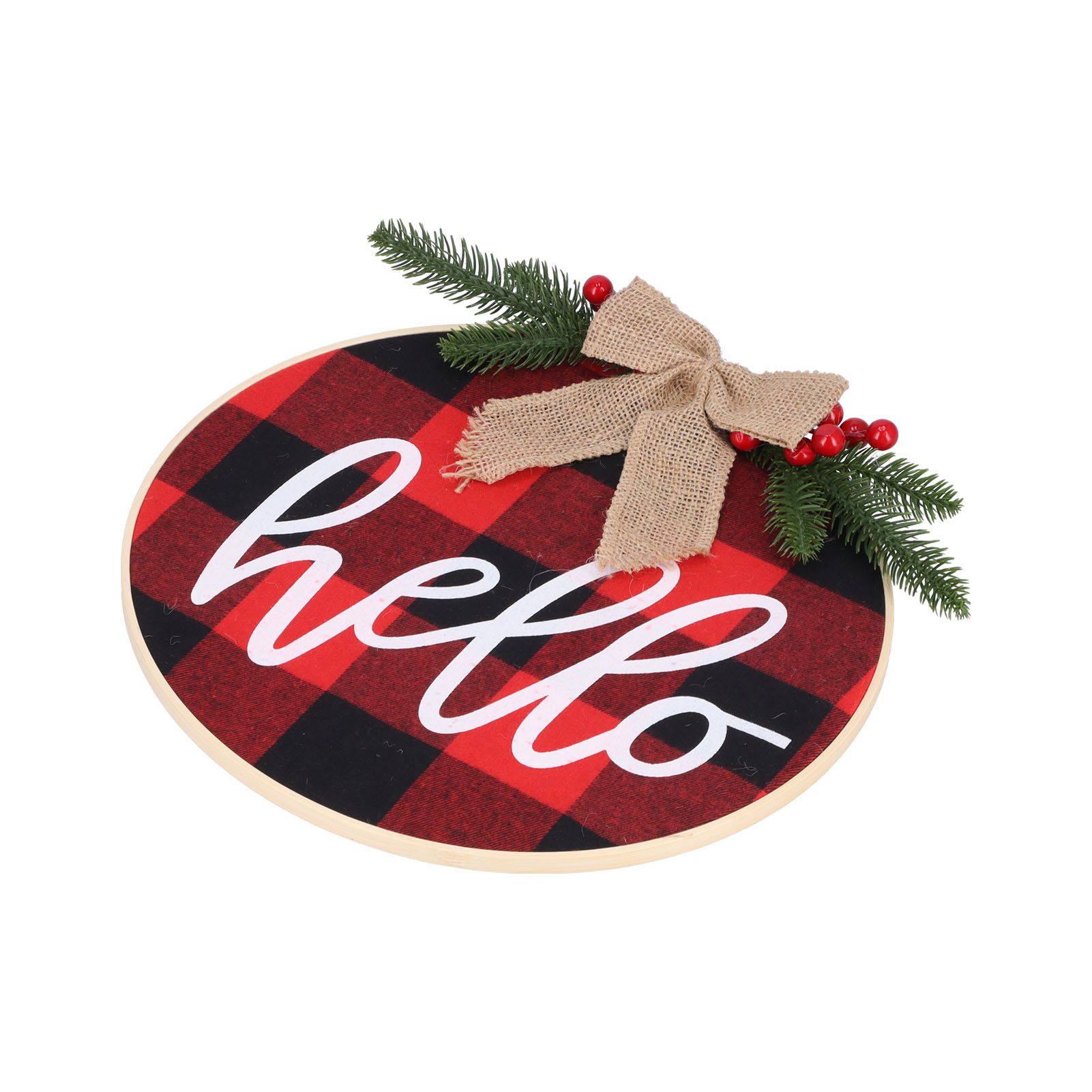 Hello Sign for Front Door Check Plaid Linen Round Front Door Wreaths for view 8