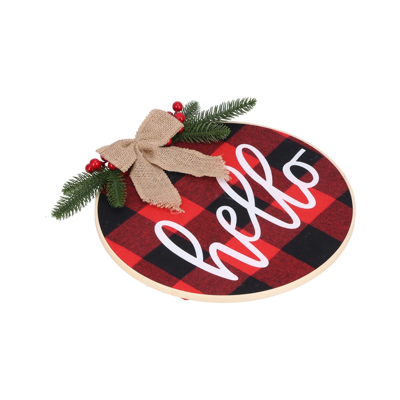 Hello Sign for Front Door Check Plaid Linen Round Front Door Wreaths for view 10