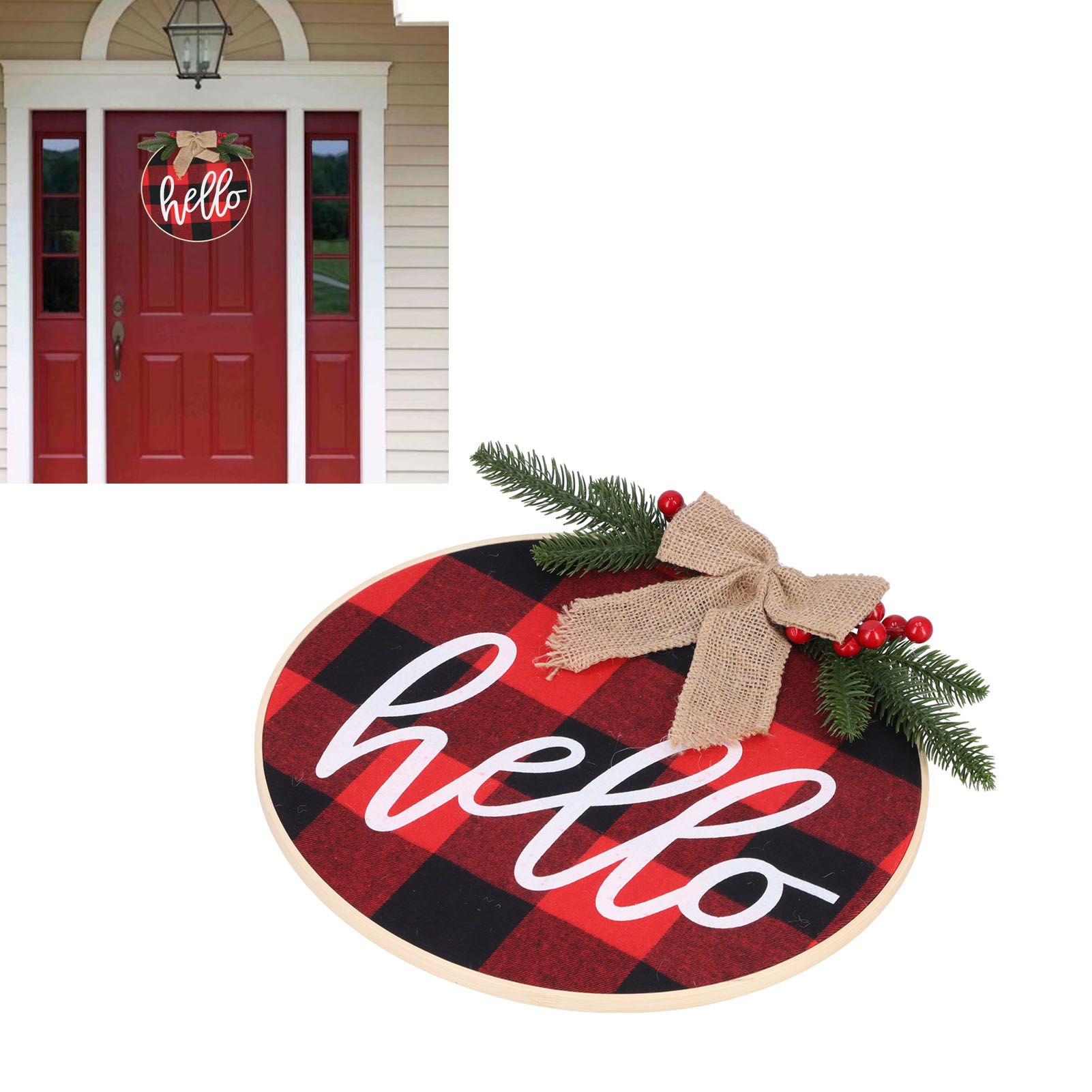 Hello Sign for Front Door Check Plaid Linen Round Front Door Wreaths for view 11
