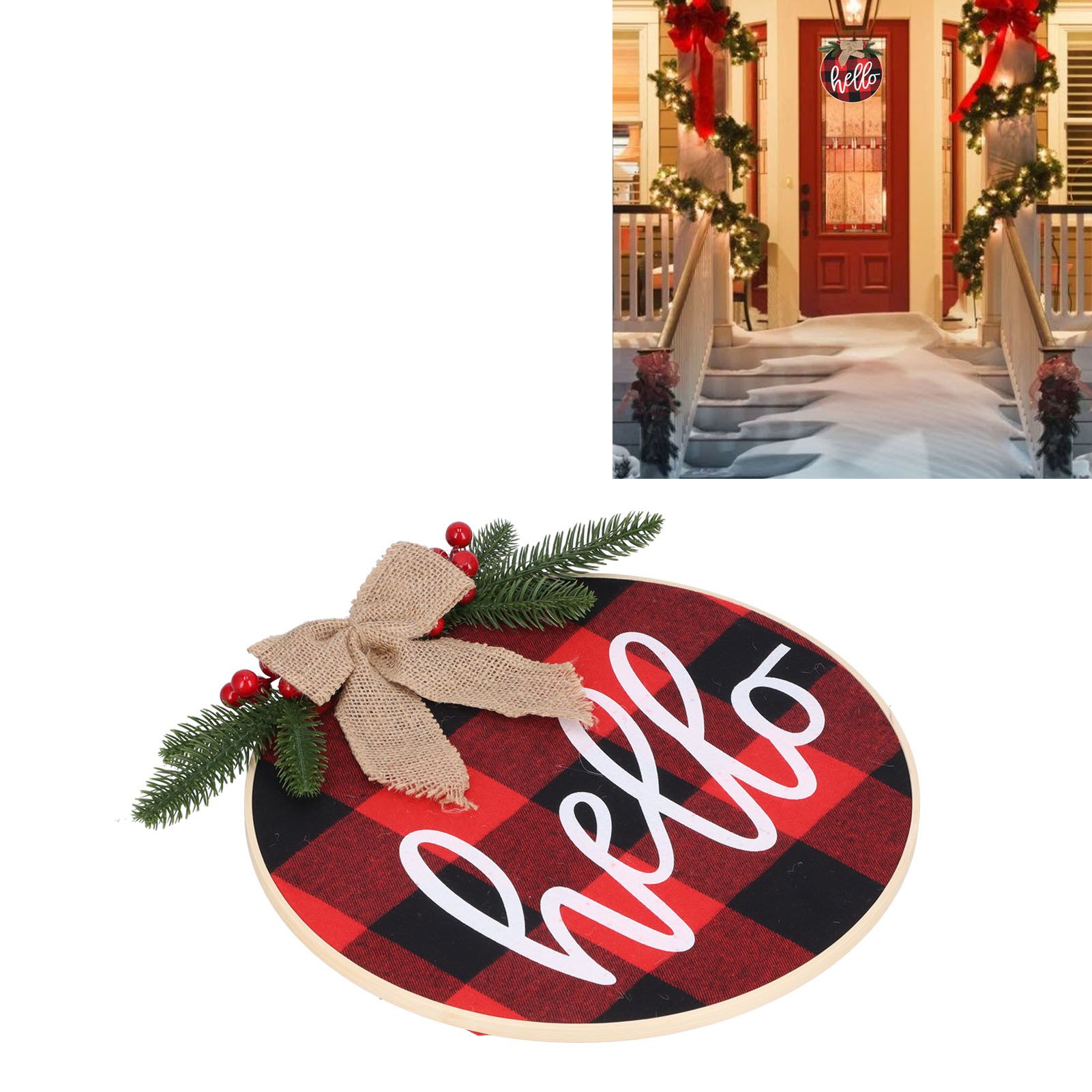 Hello Sign for Front Door Check Plaid Linen Round Front Door Wreaths for view 12