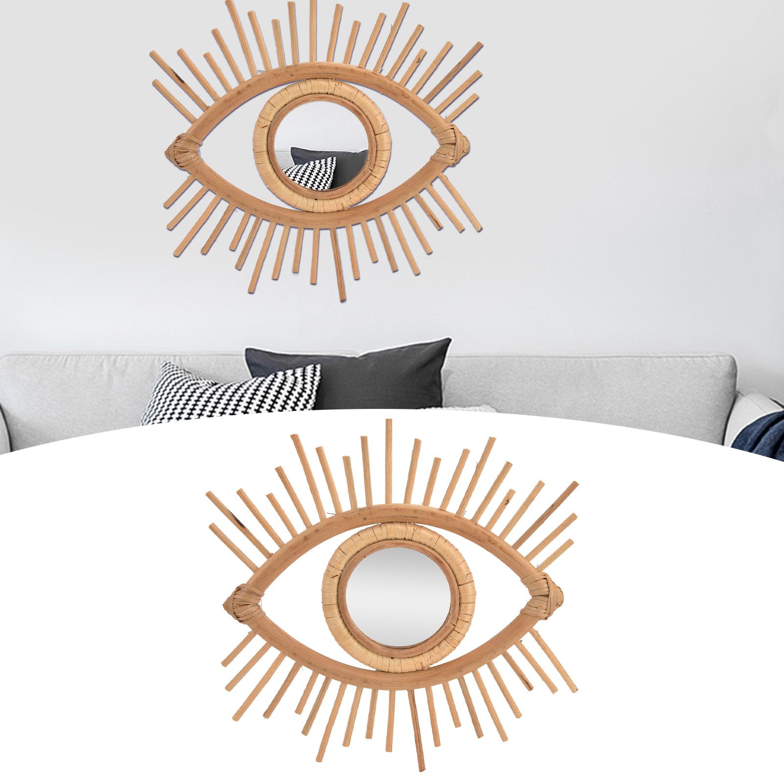 Nordic Makeup Mirror Rattan Woven Eye Shape Wall Hanging Mirror for Home Hotel view 11